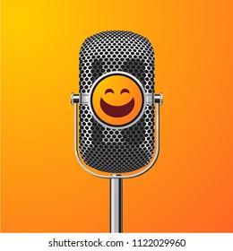 Stand Up Comedy Show Poster With Microphone And Smiling Face. Humor Entertainment Event Vector Background.