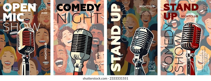 Stand up comedy show poster set. Open mic night flyer or placard template collection. Drawing artworks retro microphone with laughing people. Typography banner design. Vector eps illustration