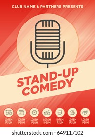 Stand up comedy show poster with thin line microphone icon. Vector illustration.