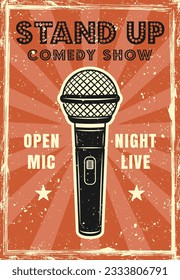 Stand up comedy show retro poster vector illustration. Layered, separate grunge textures and text