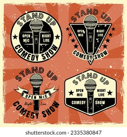 Stand up comedy show set of emblems, badges, labels, logo in vintage colored style. Vector illustration with grunge textures on separate layers