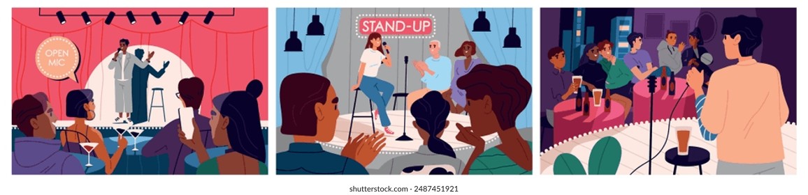 Stand Up Comedy Show. Eine Reihe von Szenen, in denen Comedians vor Publikum auf der Bühne auftreten. Offenes Mikro und lebendiger Humor. Charaktere scherzen. Flache Vektorillustration Kollektion isoliert auf Hintergrund