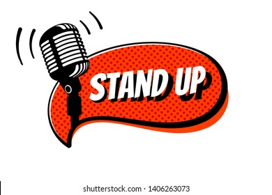 Stand up comedy show sign. Retro studio table microphone with inscription on red comics bubble. Vintage vector illustration