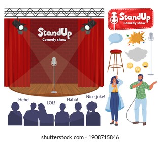 Stand Up Comedy Show Stage, Male And Female Comedian Cartoon Characters With Microphones, Audience, Flat Vector Illustration. Live Comedy Club Show.