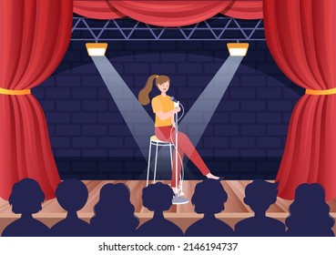 Stand Up Comedy Show Theater Scene with Red Curtains and Open Microphone to Comedian Performing on Stage in Flat Style Cartoon Illustration