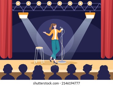 Stand Up Comedy Show Theater Scene with Red Curtains and Open Microphone to Comedian Performing on Stage in Flat Style Cartoon Illustration