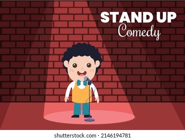 Stand Up Comedy Show Theater Scene With Red Curtains And Open Microphone To Comedian Performing On Stage In Flat Style Cartoon Illustration