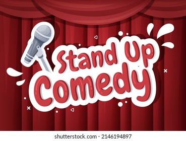 Representación en escena de comedia con cortinas rojas y micrófono abierto para comediante en escena con ilustración de caricatura de estilo plano