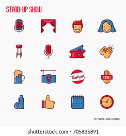 Stand up comedy show thin line icons set. Vector illustration.