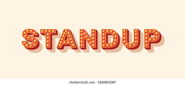 Stand up comedy show vector lettering, red typography with light bulbs. Casino style text isolated on white background. Header for standup poster or flyer, design element.