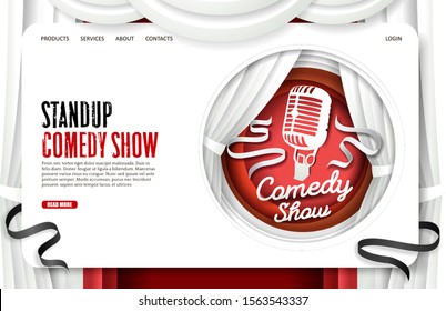 Stand up comedy show vector website template, web page and landing page design for website and mobile site development. Paper cut white theatre scene curtains and microphone silhouette, ribbons.