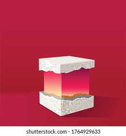 Stand cube pedestal made of stone decorated on a red background with space for text, exhibition, product. Podium of the Chinese traditional style. Oriental rendering poster. Presentation template
