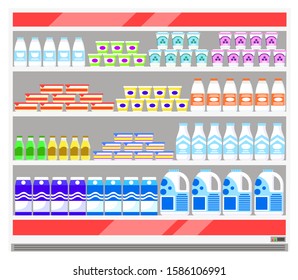 Stand with dairy products in supermarket. Grocery store with big cooler and fresh goods on it. Organic, natural food like milk and sour cream, yogurt and kefir. Vector illustration in flat style