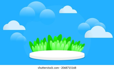A stand decorated with green leaves and clouds. on a blue background. Vector illustration for an advertisement promoting a product.