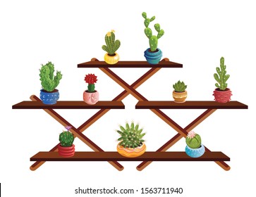 Stand of decorative cactuses in pots with spines and blooming flowers. Vector set illustration in flat cartoon style.