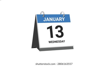 Stand up desk calendar icon showing Wednesday January thirteenth with blue top header on white background.