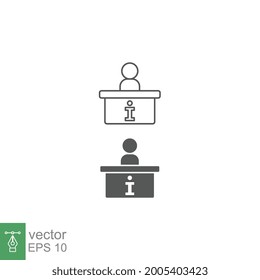 Das Informationssymbol am Schreibtisch, der Schalter, die Rezeption, der Handel, der Service, die Linie und der solide Stil. Info-Service der Rezeption. Promo Stand Piktogramm Vektorgrafik Design auf weißem Hintergrund EPS10