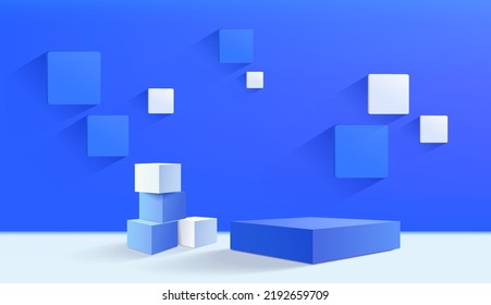 Stand and display blue color. 3D rendering. A scene for advertising, Minimalist mockup for podium display or showcase.