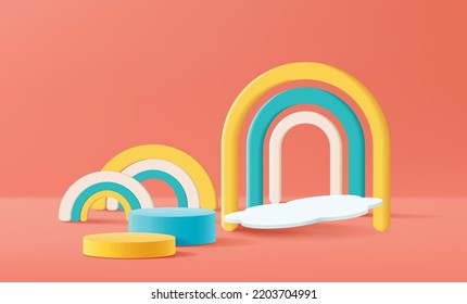 Stand and display colorful. 3D rendering. A scene for advertising, Minimalist mockup for podium display or showcase.