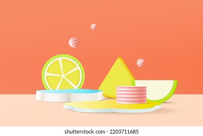 Stand and display colorful. 3D rendering. A scene for advertising, Minimalist mockup for podium display or showcase.