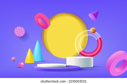 Stand and display colorful background. 3D rendering. A scene for advertising, Mockup for kid’s product display or showcase.