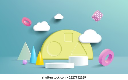 Stand and display colorful pastels with clouds. 3D rendering. A scene for advertising, Mockup for kid’s product display or showcase.