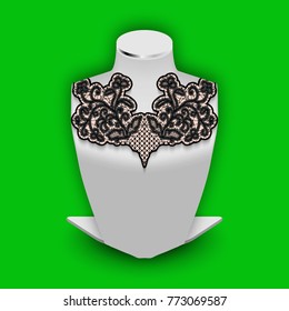 Stand dummy with demonstration lace flower element. Black tracery pattern on realistic white mannequin Vector Illustration