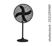 Stand fan, floor ventilator. Air cooling device black fan isolated on white background. Wind blower, household appliance with rotating blades for air conditioning.