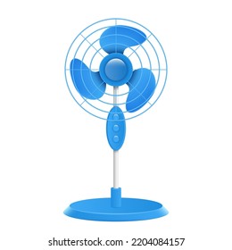 Stand fan, floor ventilator. Air cooling device blue fan isolated on white background. Wind blower, household appliance with rotating blades for air conditioning. Vector illustration