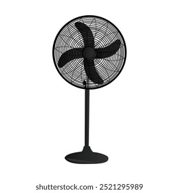 Stand fan, floor ventilator. Air cooling device black fan isolated on white background. Wind blower, household appliance with rotating blades for air conditioning.