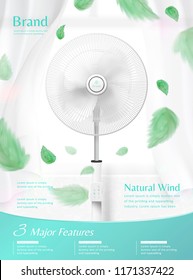 Stand fan moving the air in 3d illustration, sheer curtain and green leaves blowing in the air, appliance advertisement