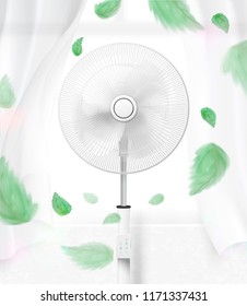 Stand fan moving the air in 3d illustration, sheer curtain and green leaves blowing in the air