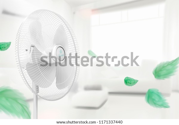 Stand fan moving the air\
with flying green leaves on cozy white bokeh living room in 3d\
illustration