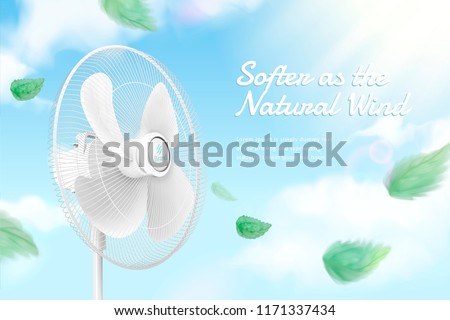 Stand fan moving the air on blue sky background in 3d illustration, green leaves blowing in the air