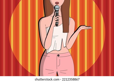 Stand Up Female Comedian Speaking A Live Show. Woman With Microphone On A Scene. Red Curtain On Background. Yellow Spotlight. Flat Vector Design.