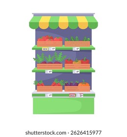 The stand is filled with various vegetables, including carrots, peppers, and tomatoes. The vegetables are displayed in wooden crates. Vector illustration in a flat style