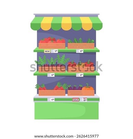 The stand is filled with various vegetables, including carrots, peppers, and tomatoes. The vegetables are displayed in wooden crates. Vector illustration in a flat style