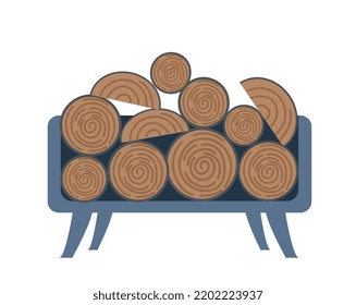 Stand with firewood. Sticker with metal woodpile or container for storing wood blocks for fireplace or hearth. Fuel for kindling fire. Cartoon flat vector illustration isolated on white background