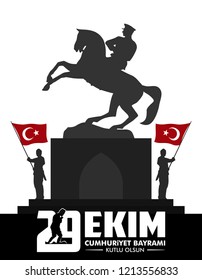Stand Flag. Statue of Ataturk at Samsun City. Horse Sculpture. 29 Ekim Cumhuriyet Bayrami. Kutlu Olsun. Translation: Republic Holiday, Happy Birthday. Vector Illustration. 