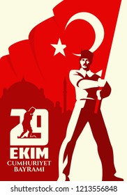Stand Flag of Turkey. 29 Ekim Cumhuriyet Bayrami. Kutlu Olsun. Translation: Republic Holiday, Happy Birthday. Vector Illustration. 
