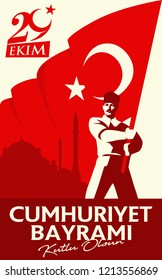Stand Flag of Turkey. 29 Ekim Cumhuriyet Bayrami. Kutlu Olsun. Translation: Republic Holiday, Happy Birthday. Vector Illustration. 