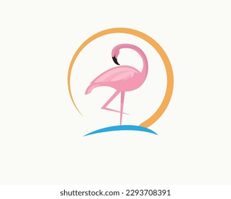 Stand flamingo look back with circle line logo template illustration inspiration