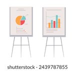 Stand flip chart for presentation cartoon vector illustration. Board with diagrams, statistics and data isolated on white background. Business presentation tool. Lecture, seminar, office design.