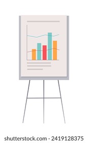 Stand flip chart for presentation cartoon vector illustration. Board with diagrams, statistics and data isolated on white background. Business presentation tool. Lecture, seminar, office design.