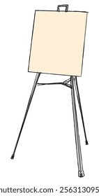 Stand with flip chart for presentation isolated on white. Freehand outline black ink hand drawn object sketchy in artistic scribble modern style pen on paper. View with space for text.