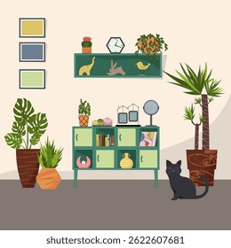  A stand with flowers and personal items. Potted plants. Pictures on the wall. Figurines and photographs, books and gramophones. Interior design. Vector illustration
