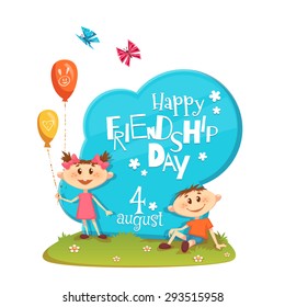 Stand with Friendship Day title, children, balloons, flowers and grass. Vector illustration.