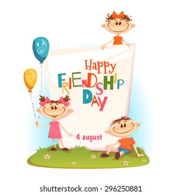 Stand with Friendship Day title, children, balloons, flowers and grass. Vector illustration.