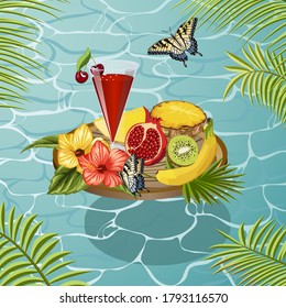 Stand with fruit and cocktail.Bright fruits and cocktail on a wooden stand.