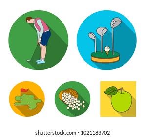 Stand for a golf club, muzhchin playing with a club, basket with balls, label with a flag on the golf course. Golf Club set collection icons in flat style vector symbol stock illustration web.